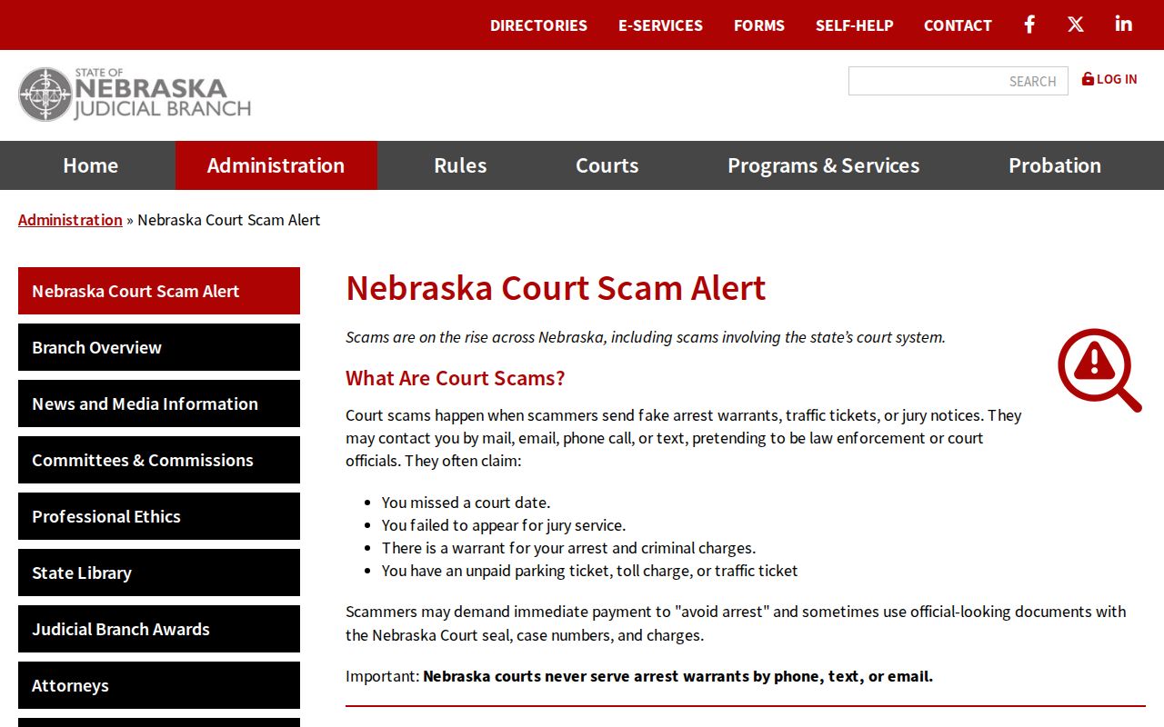Polk County arrest warrant search reference showing the Nebraska court scam warning
